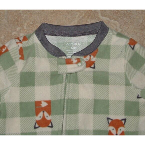 CARTERS Boys Sz 12 Months Fox Theme Soft Fleece Zip Up Footed 1 Pc Pajamas - Picture 2 of 4